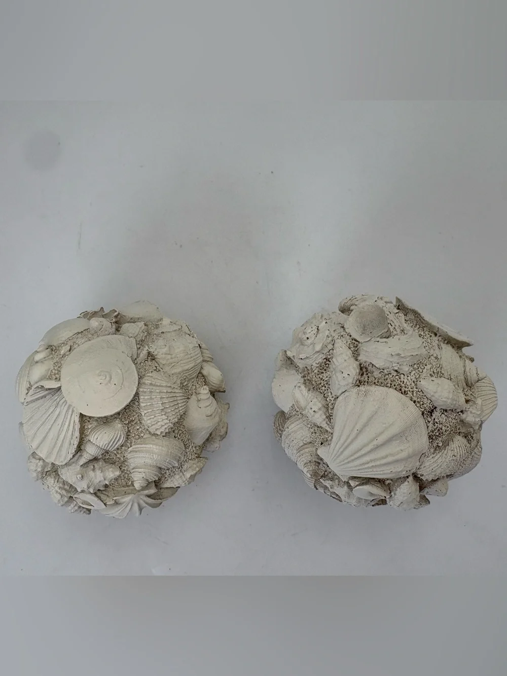 Cream Resin “Seashell” Decorative Spheres - Coastal Home Art Pair